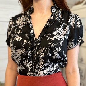 White House Black Market Black and White Floral Blouse